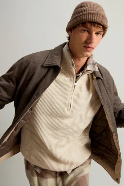 Sveter Woolrich Wool Cash Ribbed Half-Zip Oatmeal