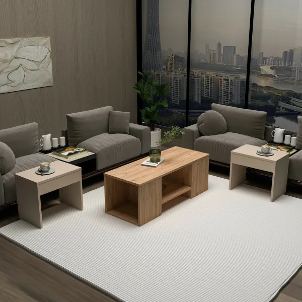 Súprava konferenčných stolíkov Sartos - Atlantic Pine, Beige