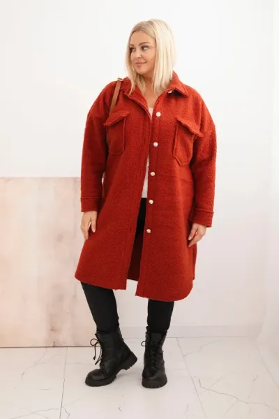 Legínovo Dámsky kabát Plus Size s vlnou zapínaný na gombíky s vreckami a golierom béžový Farba: Červená, Veľkosť: UNI