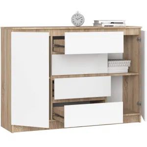 Ak furniture Komoda Kryštof 140 cm 2 skrinky a 4 zásuvky dub sonoma/biela