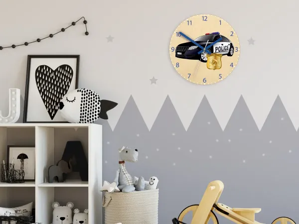 ModernClock Detské nástenné hodiny Ami Policajné auto 30 cm viacfarebné