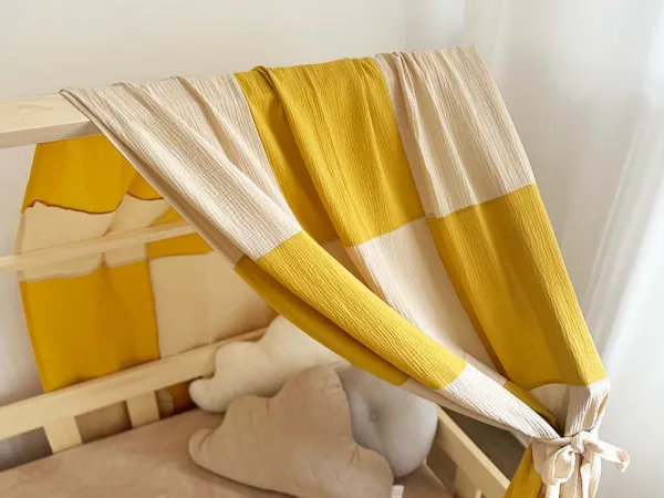 Mušelínová strieška na domčekovú posteľ KOCKOVANÁ Zvoľte farbu: Béžová - Olivová, Zvoľte rozmer: 290 cm