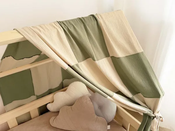 Mušelínová strieška na domčekovú posteľ KOCKOVANÁ Zvoľte farbu: Béžová - Horčicová, Zvoľte rozmer: 320 cm