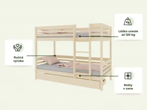 Benlemi Poschodová posteľ TULY s rebríkom 90x200 cm Zvoľte farbu: Nelakovaná, Zvoľte šuplík: Úložný šuplík, Zvoľte stranu: Vpravo