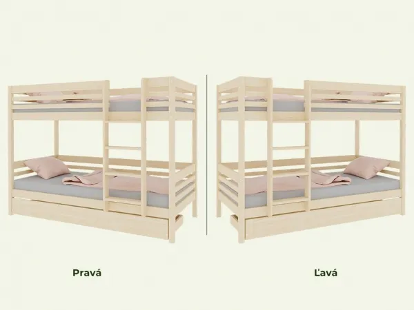 Benlemi Poschodová posteľ TULY s rebríkom 90x200 cm Zvoľte farbu: Nelakovaná, Zvoľte šuplík: Úložný šuplík, Zvoľte stranu: Vpravo