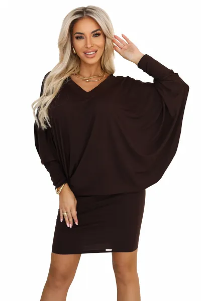 402-9 Comfortable batwing dress with long sleeves - chocolate