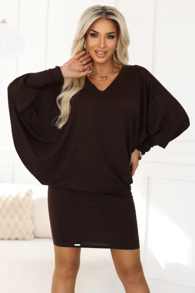 402-9 Comfortable batwing dress with long sleeves - chocolate