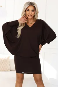402-9 Comfortable batwing dress with long sleeves - chocolate