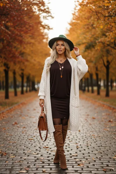 402-9 Comfortable batwing dress with long sleeves - chocolate