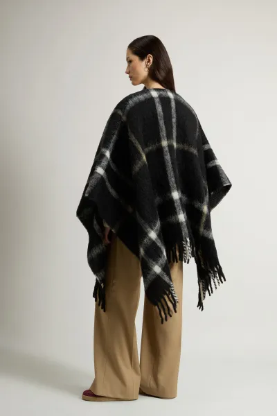 Pončo Woolrich Brushed Alpaca Check Cape Black Check