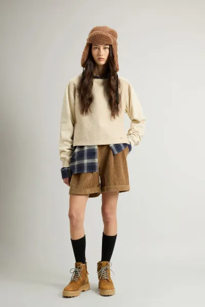 Mikina Woolrich Mixed Fleece Crewneck Beige Herringbone