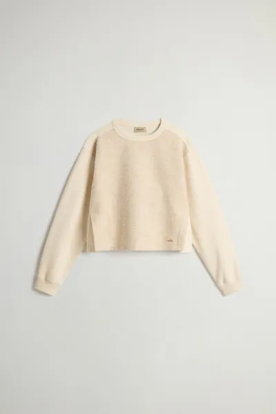 Mikina Woolrich Mixed Fleece Crewneck Beige Herringbone