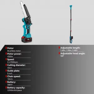 OneVan 8″ 20cm najvýkonnejšia v našej ponuke teleskopická píla s mazaním 2-v-1 s bezuhlíkovým motorom – dosah až 245CM Vhodná pre batériu MAKITA 18V 2 x reťaz