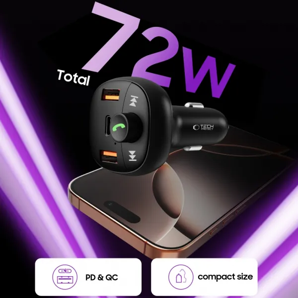 Tech-Protect CC06 Bluetooth FM Transmitter autonabíjačka 2x USB / USB-C 72W, čierna
