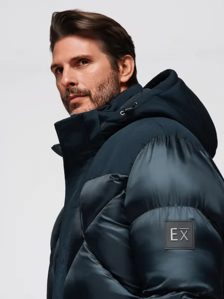 Ombre Men's hooded jacket with geometric diamond quilting - navy blue