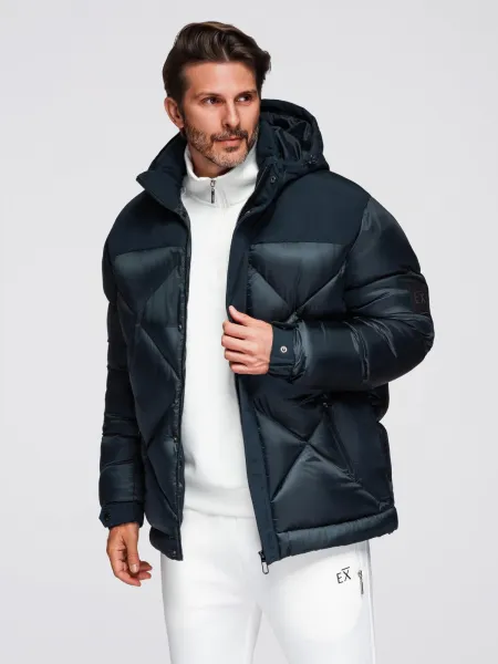 Ombre Men's hooded jacket with geometric diamond quilting - navy blue