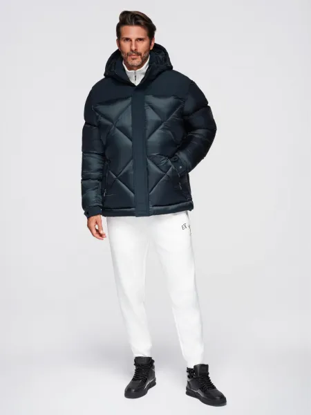 Ombre Men's hooded jacket with geometric diamond quilting - navy blue