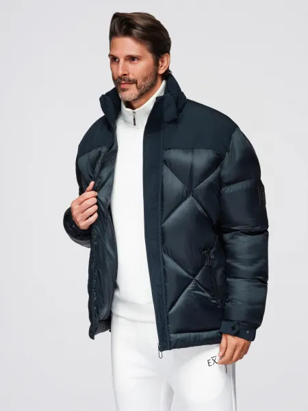 Ombre Men's hooded jacket with geometric diamond quilting - navy blue