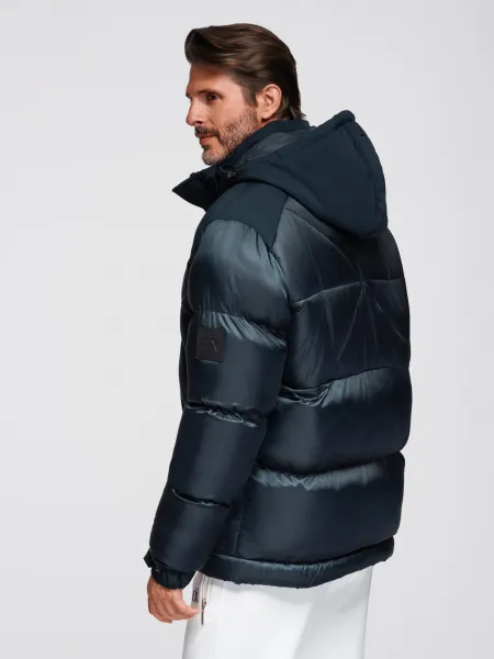 Ombre Men's hooded jacket with geometric diamond quilting - navy blue