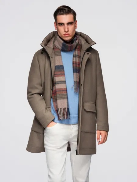 Ombre Men's parka coat with wool and hood - khaki