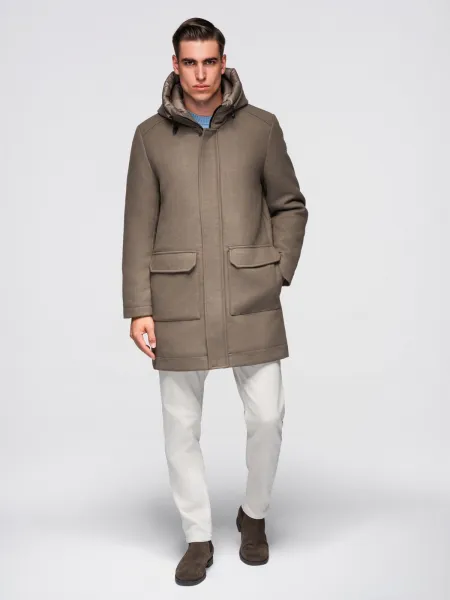 Ombre Men's parka coat with wool and hood - khaki