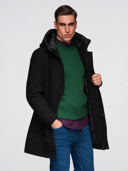 Ombre Men's parka coat with wool and hood - black