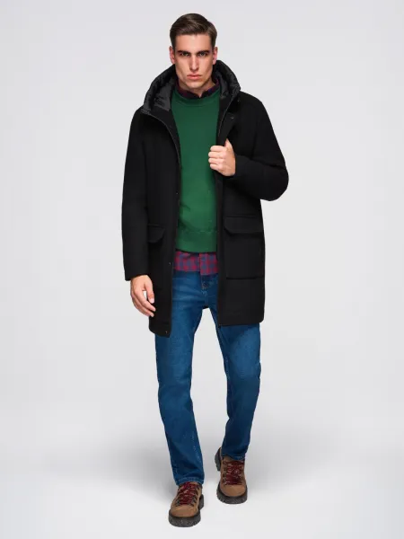 Ombre Men's parka coat with wool and hood - black