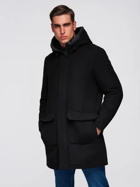 Ombre Men's parka coat with wool and hood - black