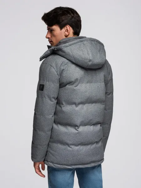 Ombre Warm long men's parka jacket with wool - grey melange