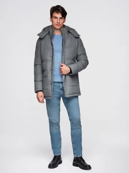 Ombre Warm long men's parka jacket with wool - grey melange