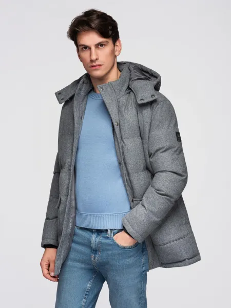 Ombre Warm long men's parka jacket with wool - grey melange