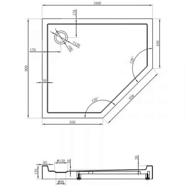 MEXEN - Flow+ päťboká sprchová vanička ľavá 100 x 90, čierna mat 46P709010LH