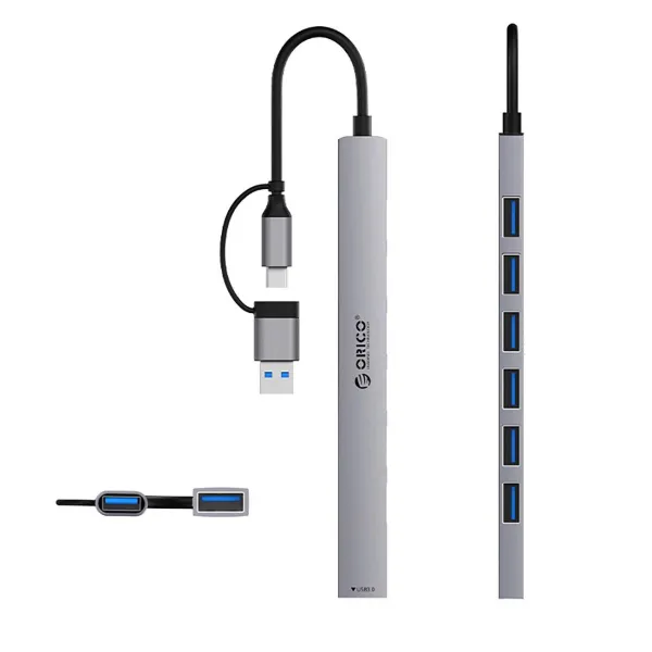 Orico YSA2-U3 HUB adaptér USB / USB-C - USB 3.0 / 6x USB 2.0, šedý