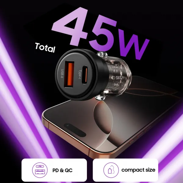 Tech-Protect CC03 autonabíjačka USB / USB-C 45W PD QC, čierna