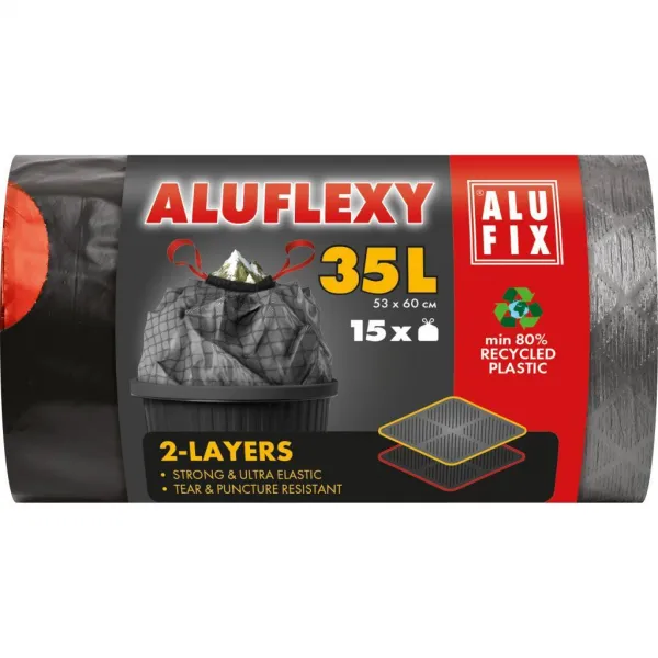 Alufix Vrecia na odpadky zaťahovacie 35 l / 15 ks, 28mic., LDPE 2 vrstvové, 53 x 60 cm, sivo-čierne
