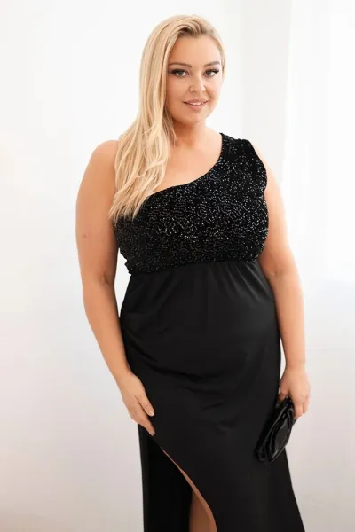 Kesi Włoski Dámska večerná šaty Plus Size na jedno rameno čierna