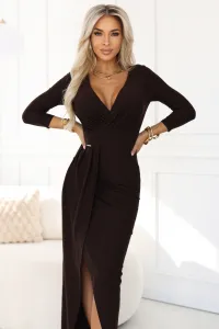 404-14 Elegant long dress with a wrap neckline and slit - chocolate brown
