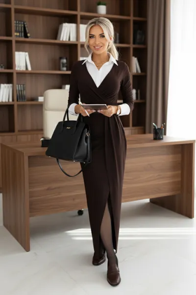 404-14 Elegant long dress with a wrap neckline and slit - chocolate brown