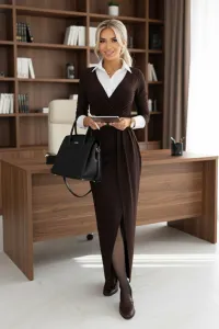 404-14 Elegant long dress with a wrap neckline and slit - chocolate brown