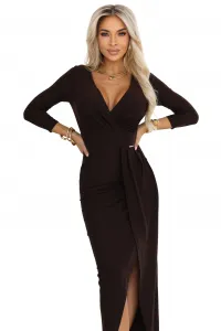 404-14 Elegant long dress with a wrap neckline and slit - chocolate brown