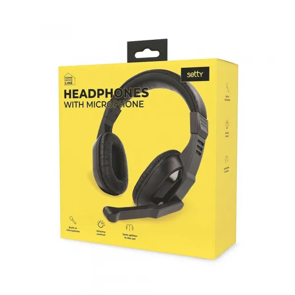 SETTY káblové slúchadlá cez hlavu s mikrofónom, 150 cm, mini jack 3,5 mm, čierna (GSM108794)