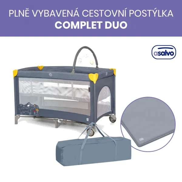 Asalvo COMPLET DUO cestovná postieľka s druhým dňom a hrazdičkou, puppy
