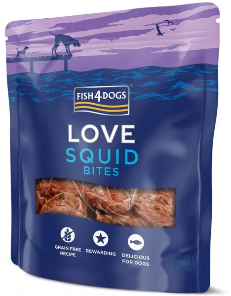FISH4DOGS Maškrty pre psov LOVE kalmáre 80 g
