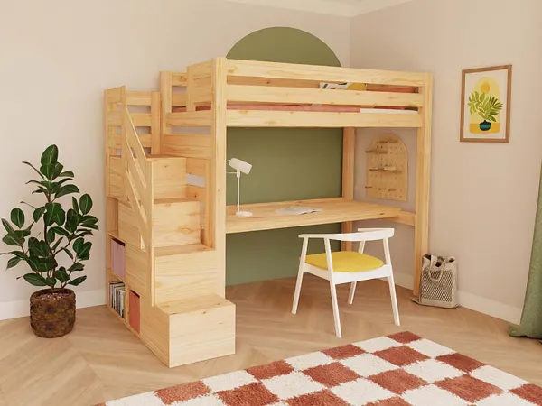 Benlemi Vyvýšená posteľ MAKALU s úložnými schodmi a písacím stolom 90x200 cm Zvoľte farbu: Biela