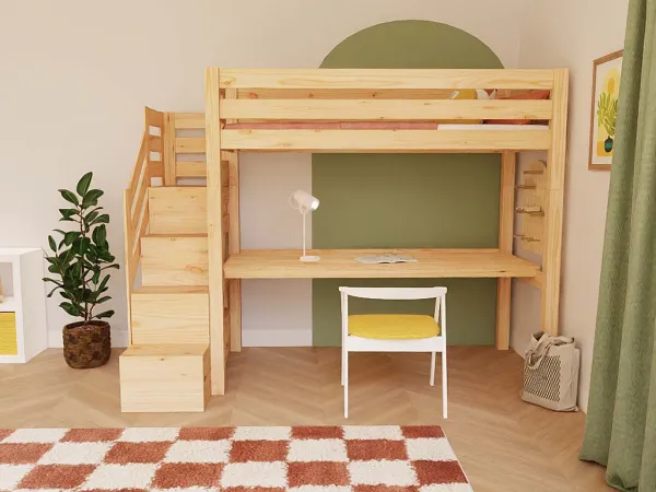 Benlemi Vyvýšená posteľ MAKALU s úložnými schodmi a písacím stolom 90x200 cm Zvoľte farbu: Biela