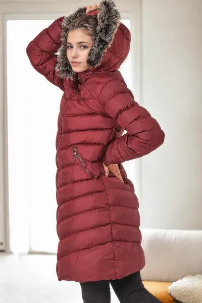 Z9690 DEWBERRY SHEARLING HOODED WOMEN'S COAT-BURGUNDY