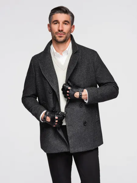 Ombre Men's short double-breasted wool coat - graphite