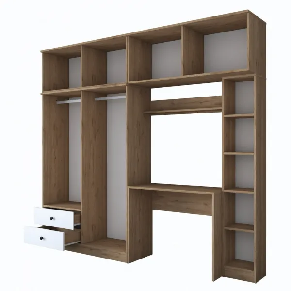 Kalune Design Sada dětského nábytku Baren s psacím stolem, šatní skříní a regálem bílá/ořech