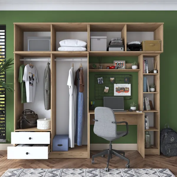 Kalune Design Sada dětského nábytku Baren s psacím stolem, šatní skříní a regálem bílá/ořech
