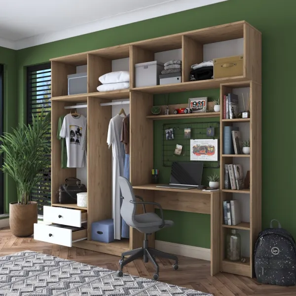 Kalune Design Sada dětského nábytku Baren s psacím stolem, šatní skříní a regálem bílá/ořech